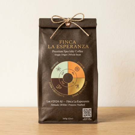 Empaque de café con Rueda de Sabores y QR de RuruLab